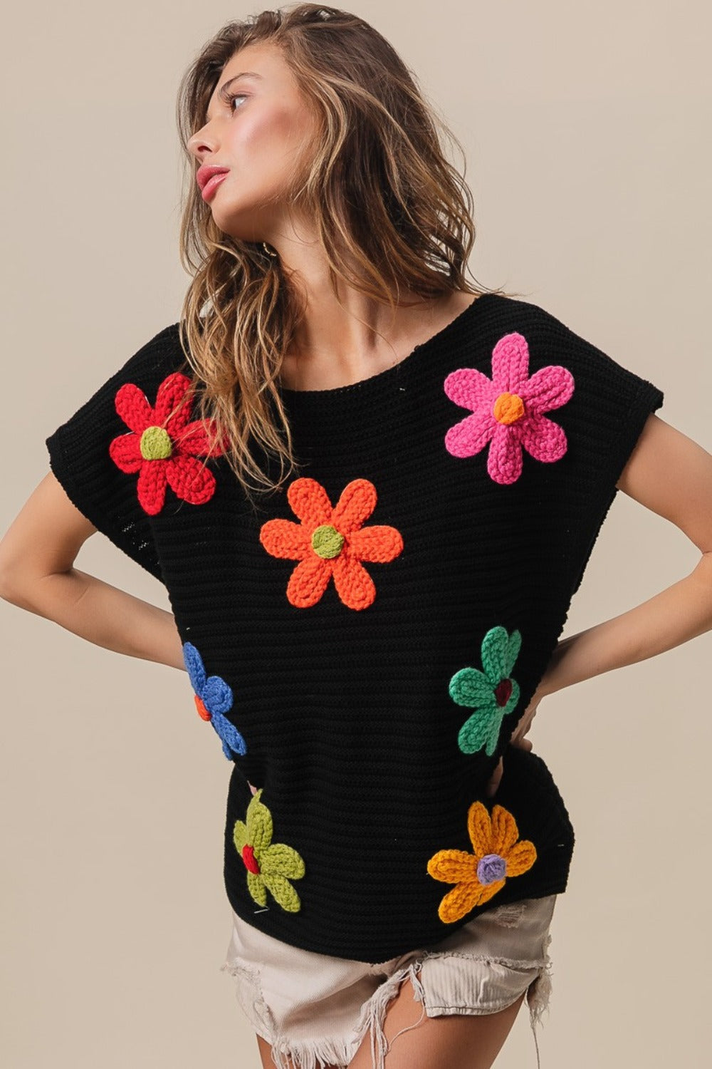 BiBi Flower Round Neck Cap Sleeve Knit Top-TOPS / DRESSES-[Adult]-[Female]-2022 Online Blue Zone Planet