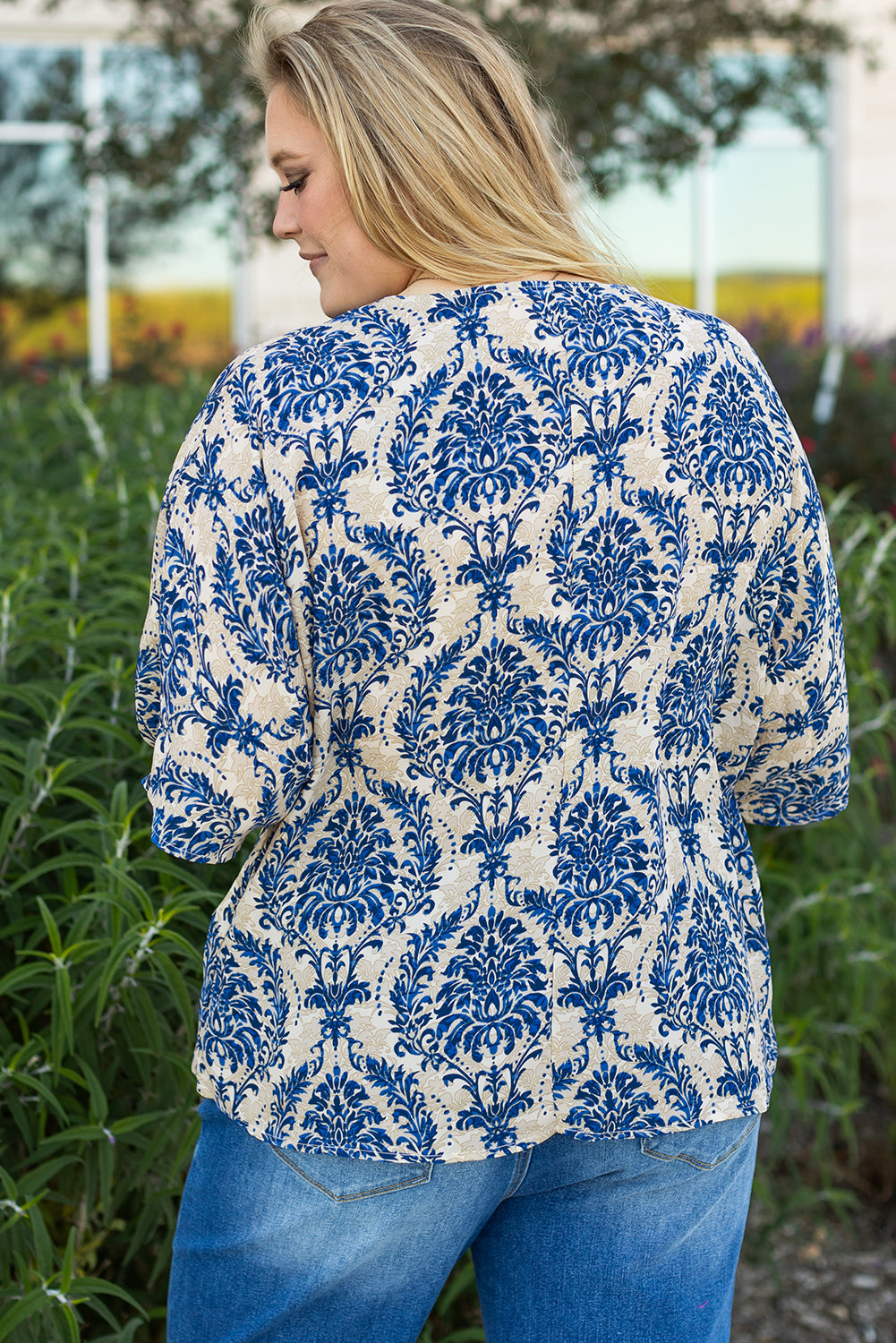 Blue Zone Planet | Blue Plus Size Ethnic Printed 3/4 Sleeve V Neck Loose Blouse-Plus Size/Plus Size Tops/Plus Size Blouses & Shirts-[Adult]-[Female]-2022 Online Blue Zone Planet