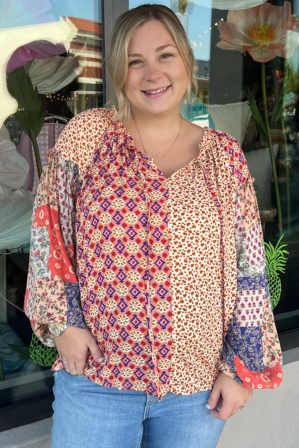 Blue Zone Planet | Orange Floral Geometric Patchwork Lace-up Plus Size Blouse-Plus Size Tops-[Adult]-[Female]-2022 Online Blue Zone Planet