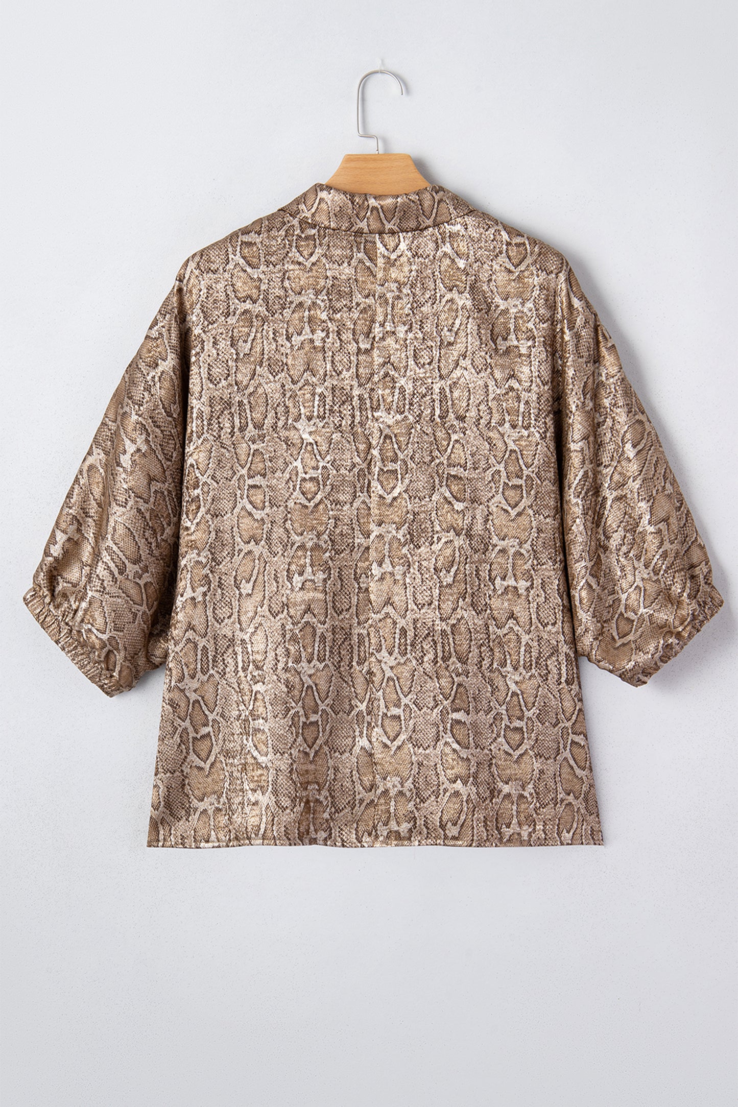 Brown Polo Collared V Neck Short Sleeve Metallic Leopard Blouse-Tops/Blouses & Shirts-[Adult]-[Female]-2022 Online Blue Zone Planet