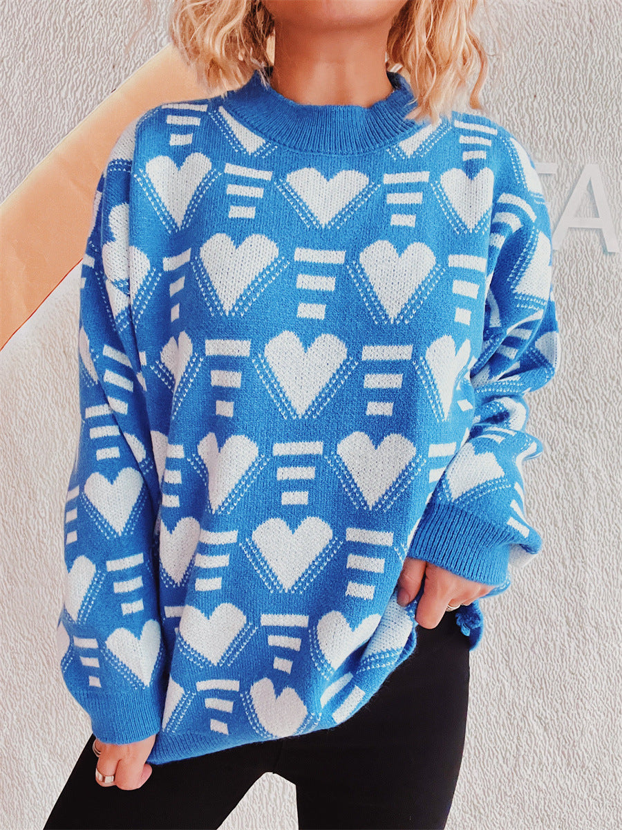 Heart Contrast Long Sleeve Dropped Shoulder Sweater-TOPS / DRESSES-[Adult]-[Female]-2022 Online Blue Zone Planet