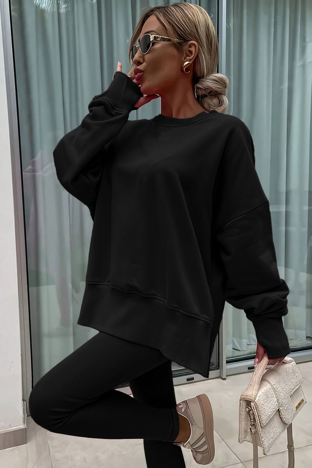 Black Solid Color Oversize Slit Sweatshirt Ribbed Leggings 2pcs Set-Two Piece Sets/Pant Sets-[Adult]-[Female]-2022 Online Blue Zone Planet