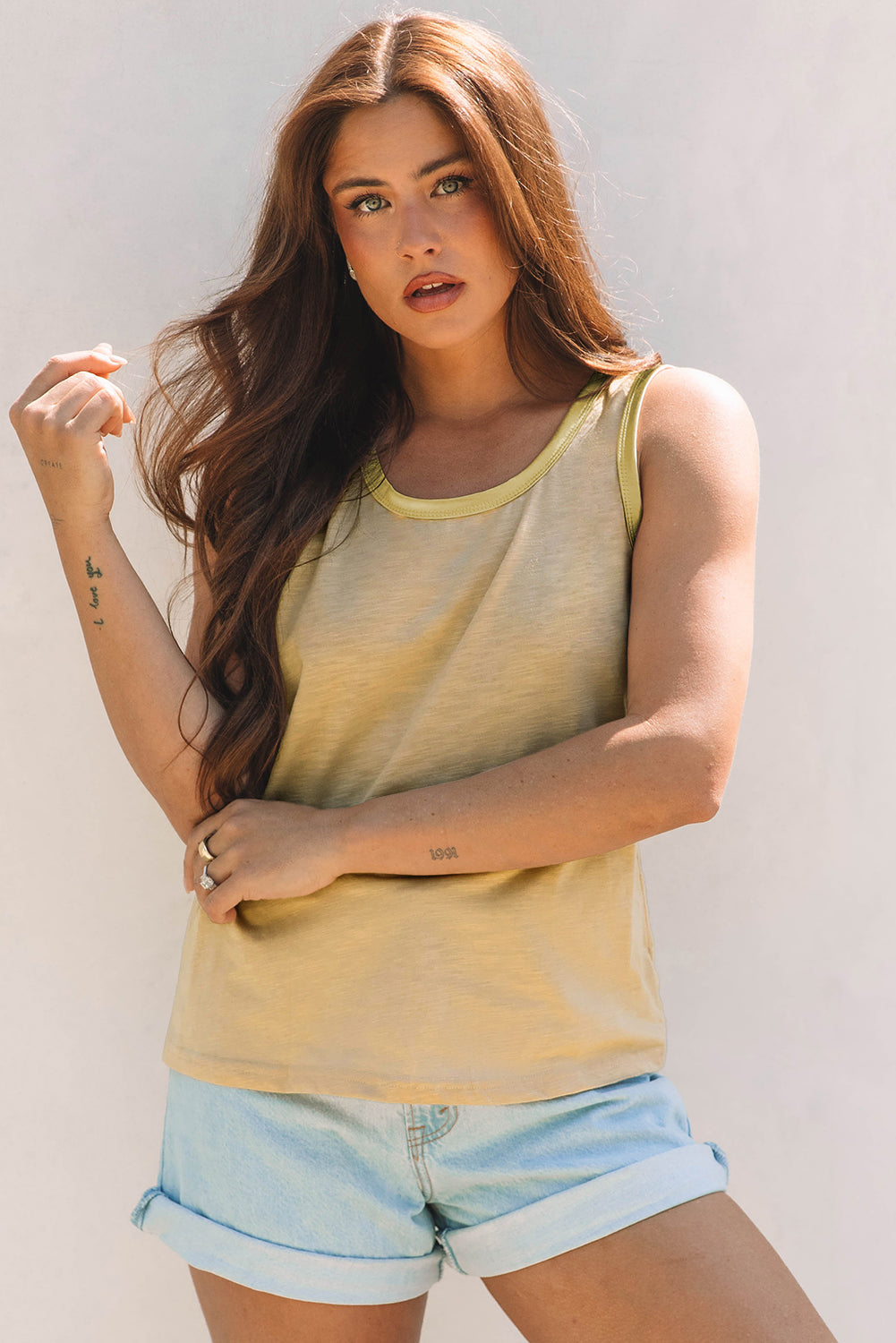 Tan Metallic Sheen Edge Scoop Neck Tank Top-Tops/Tank Tops-[Adult]-[Female]-2022 Online Blue Zone Planet
