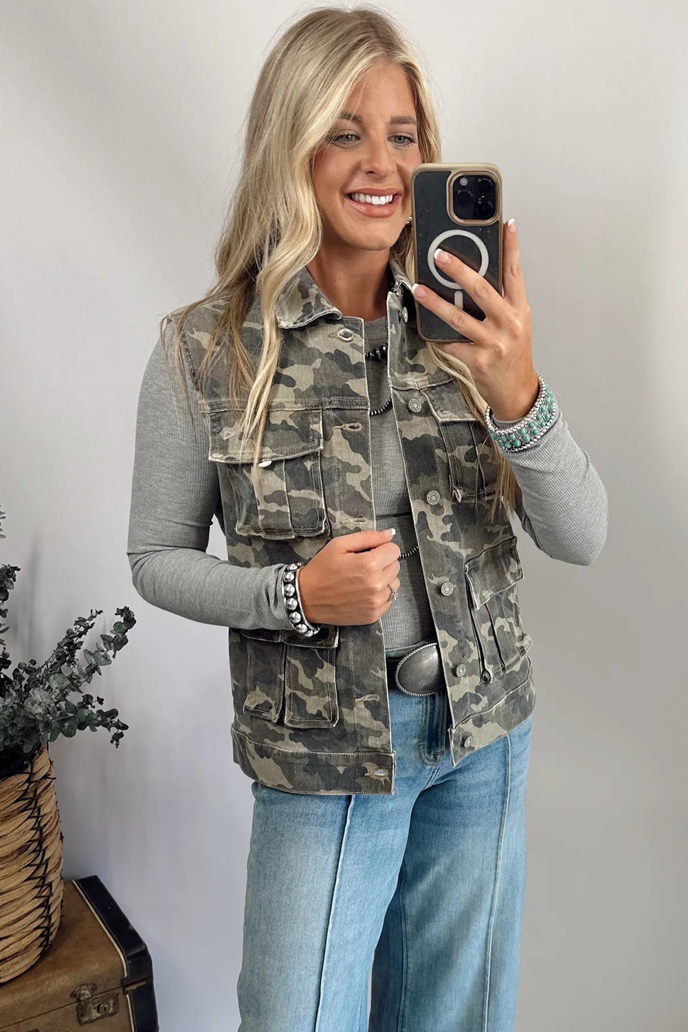 Green Camo Cargo Denim Vest-Outerwear/Vests-[Adult]-[Female]-2022 Online Blue Zone Planet