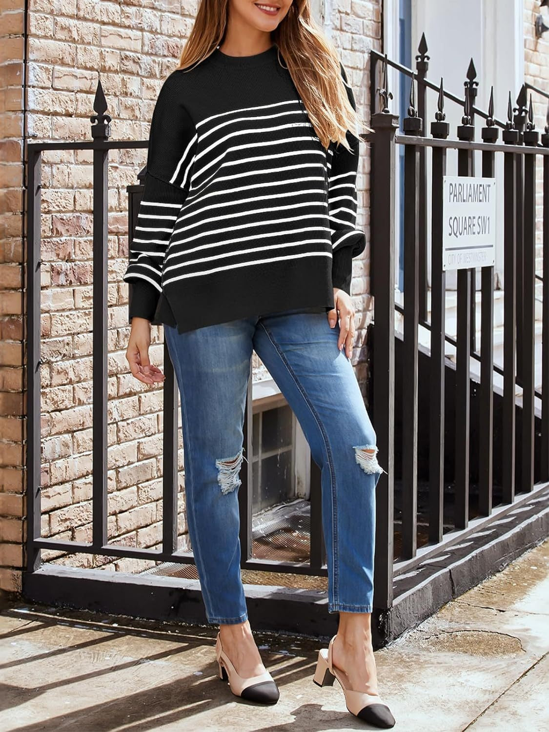 Blue Zone Planet | Striped Round Neck Long Sleeve Sweatshirt-TOPS / DRESSES-[Adult]-[Female]-2022 Online Blue Zone Planet