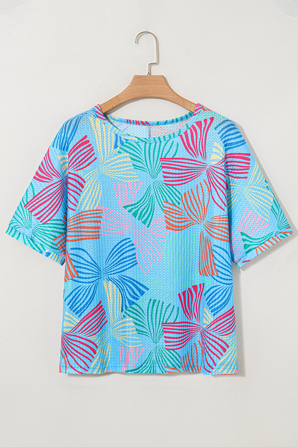 Sky Blue Bowknot Printed Waffle Crewneck Loose Short Sleeve Top-Tops/Tops & Tees-[Adult]-[Female]-2022 Online Blue Zone Planet