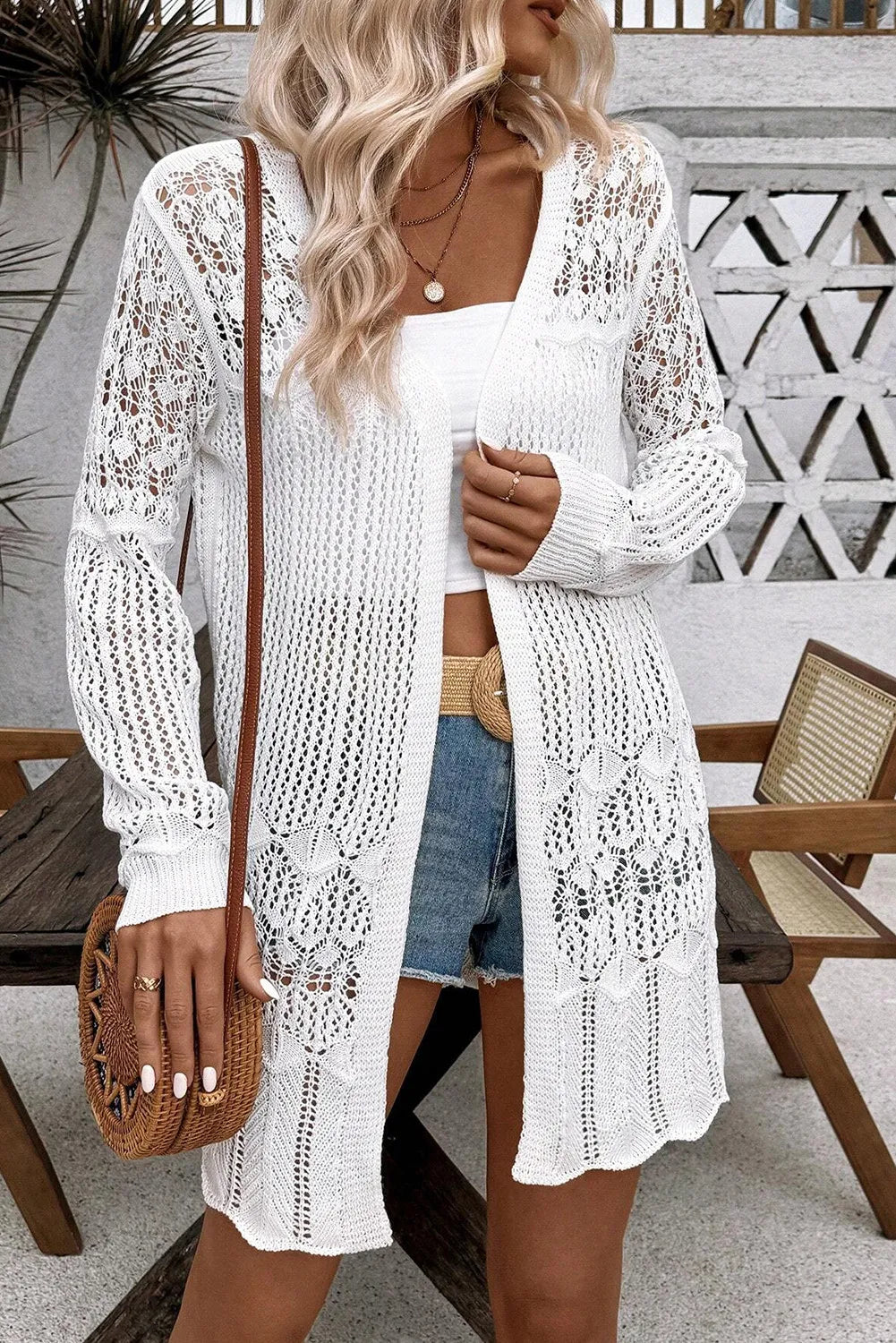 Openwork Open Front Long Sleeve Cardigan-TOPS / DRESSES-[Adult]-[Female]-2022 Online Blue Zone Planet