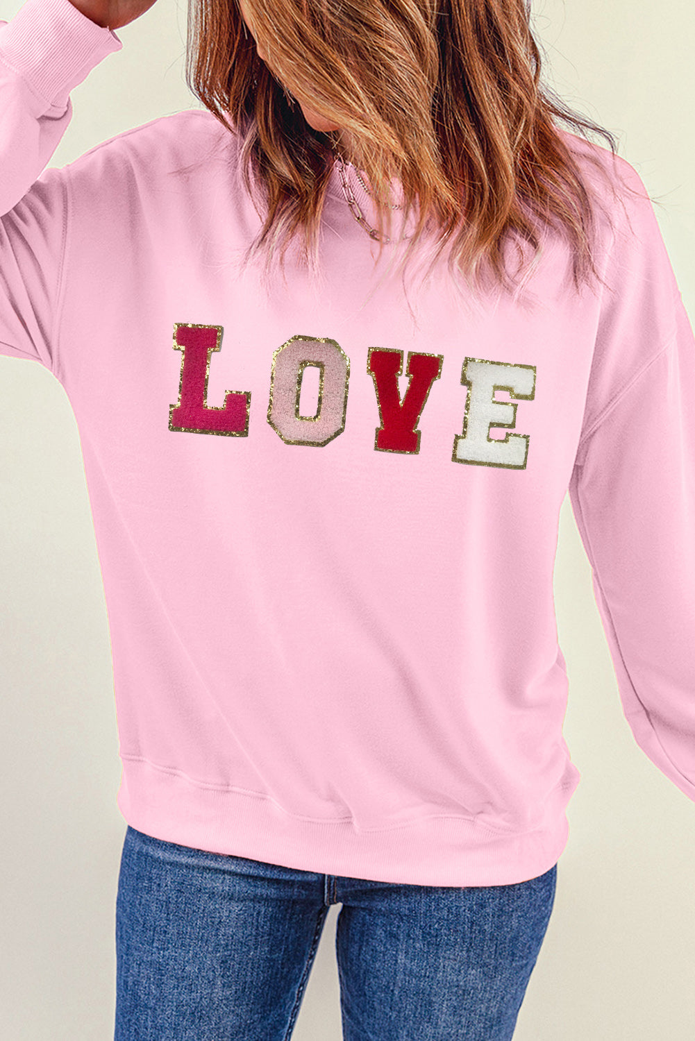 Pink Valentine LOVE Chenille Embroidered Sweatshirt-Graphic/Graphic Sweatshirts-[Adult]-[Female]-2022 Online Blue Zone Planet