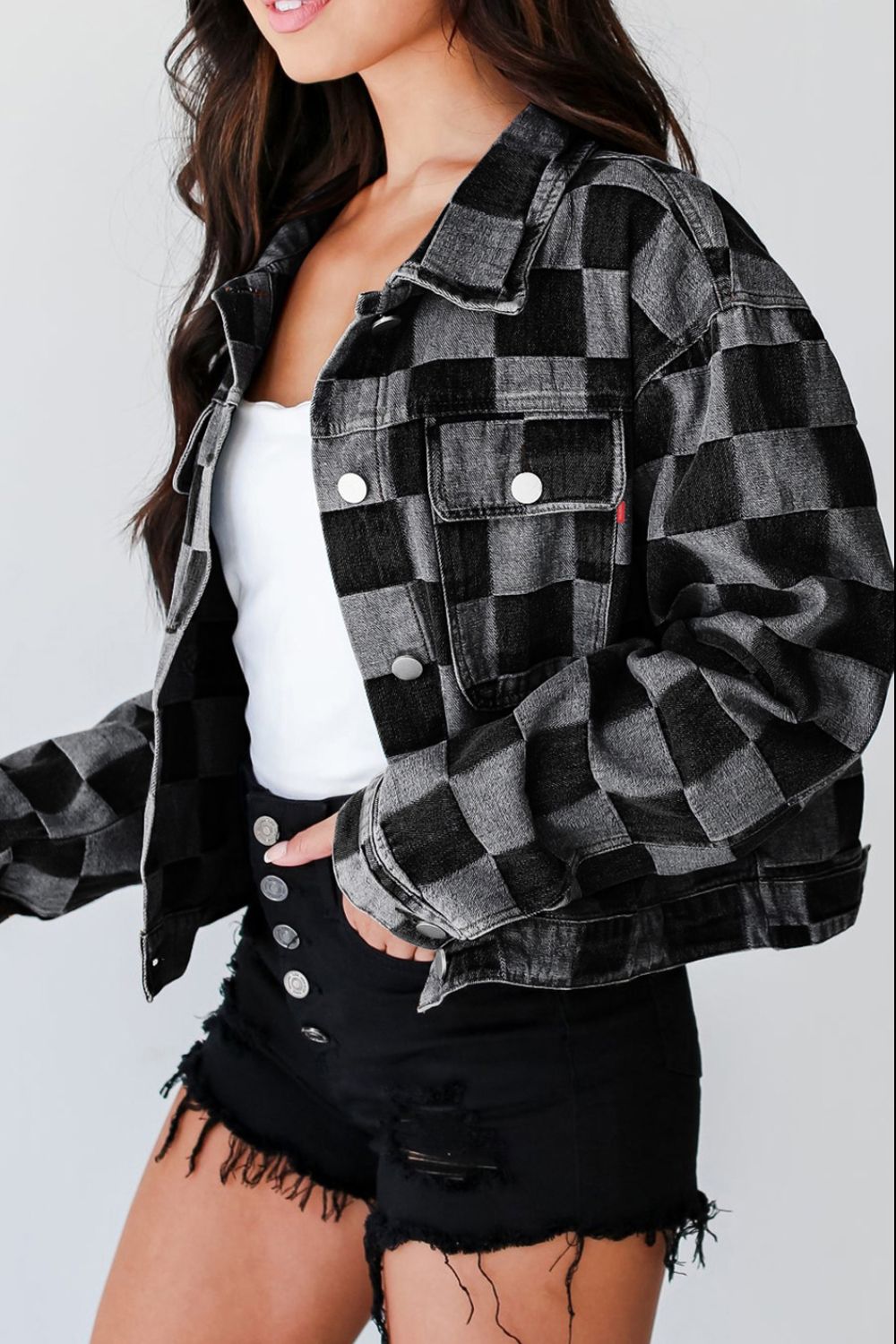 Checkered Button Up Denim Jacket-TOPS / DRESSES-[Adult]-[Female]-2022 Online Blue Zone Planet