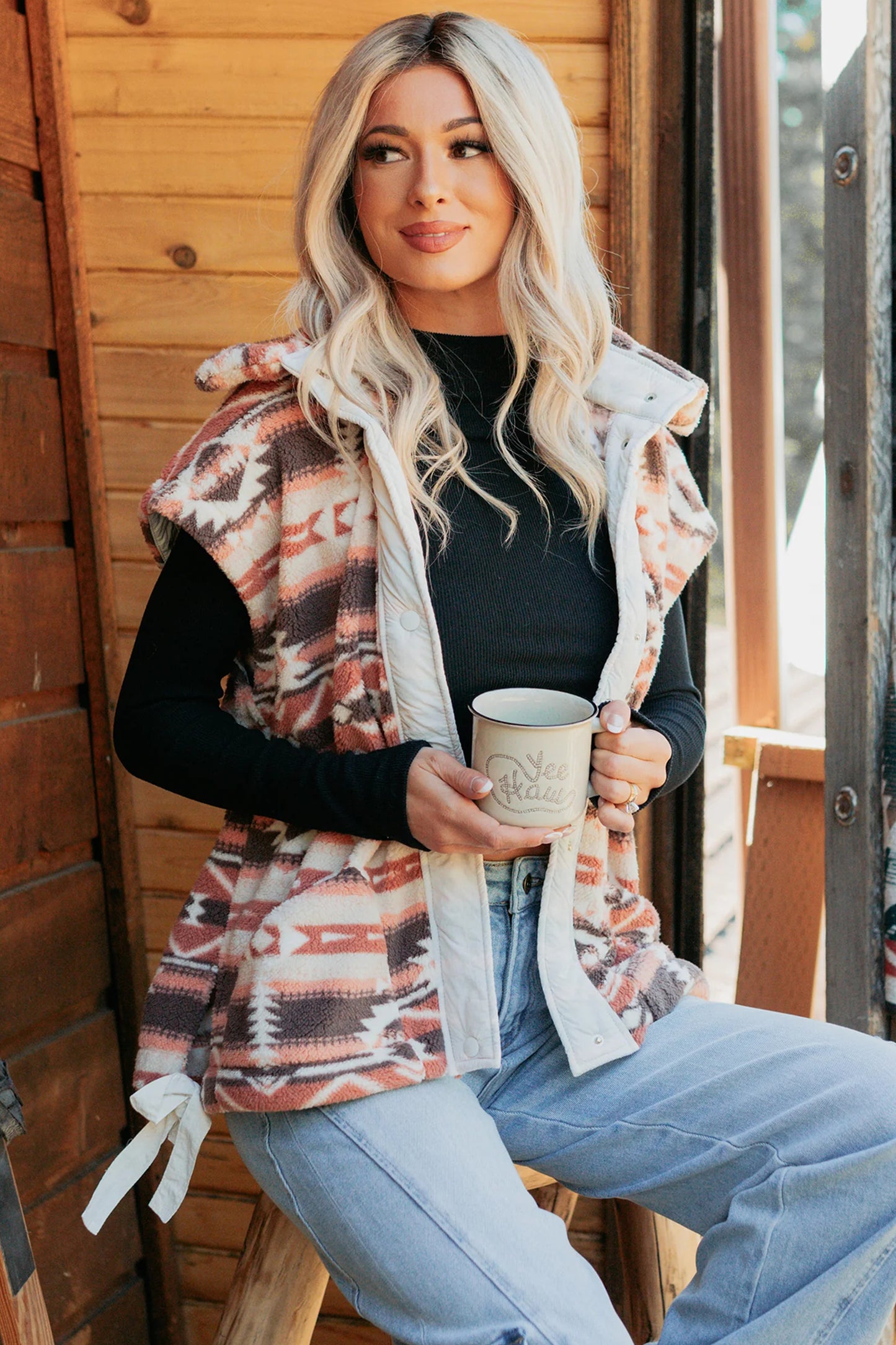 Multicolour Geometric Print Fleece Metal Button Placket Shift Silhouette Vest