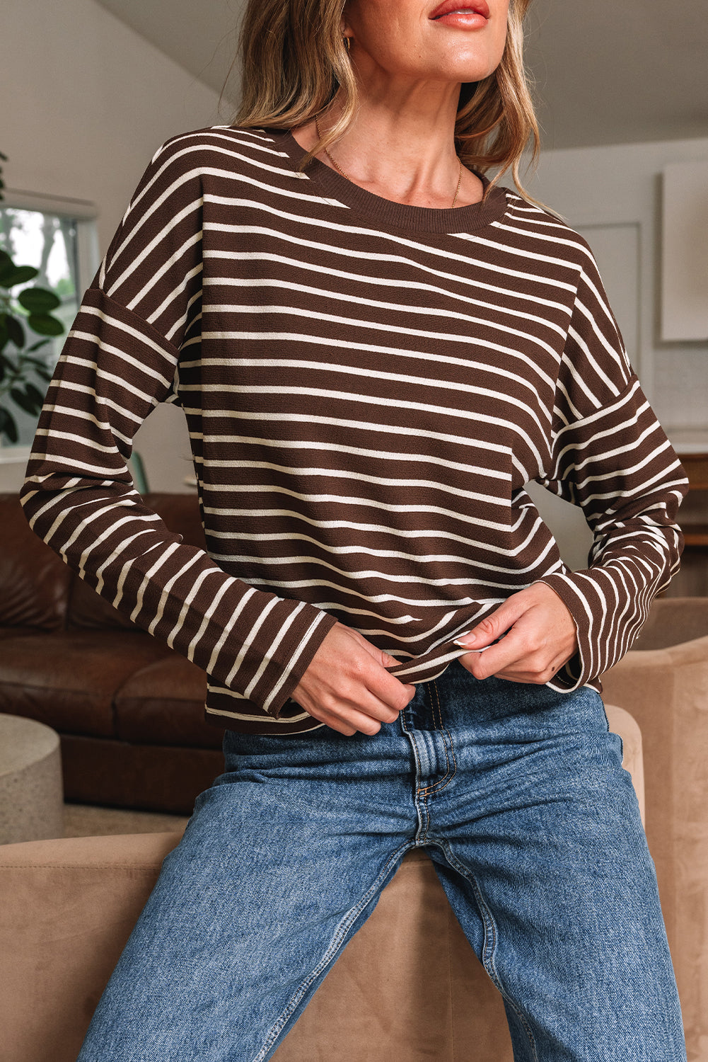 Brown Stripe Ribbed Cropped Crew Neck Long Sleeve T Shirt-Tops/Long Sleeve Tops-[Adult]-[Female]-2022 Online Blue Zone Planet