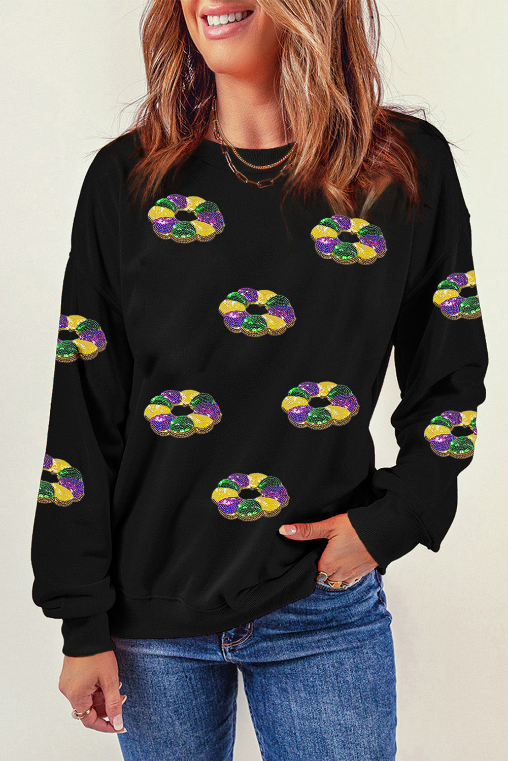 Black Sequined Donuts of Mardi Gras Colors Drop Shoulder Sweatshirt-Graphic/Graphic Sweatshirts-[Adult]-[Female]-2022 Online Blue Zone Planet