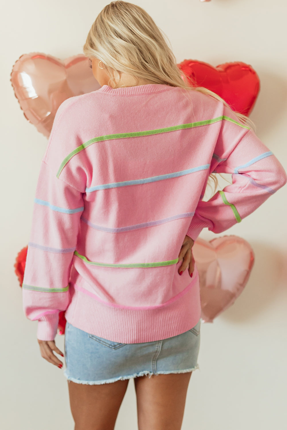 Blue Zone Planet | White Rainbow Stripes Drop Shoulder Baggy Henley Sweater-Sweaters & Cardigans/Sweaters-[Adult]-[Female]-2022 Online Blue Zone Planet