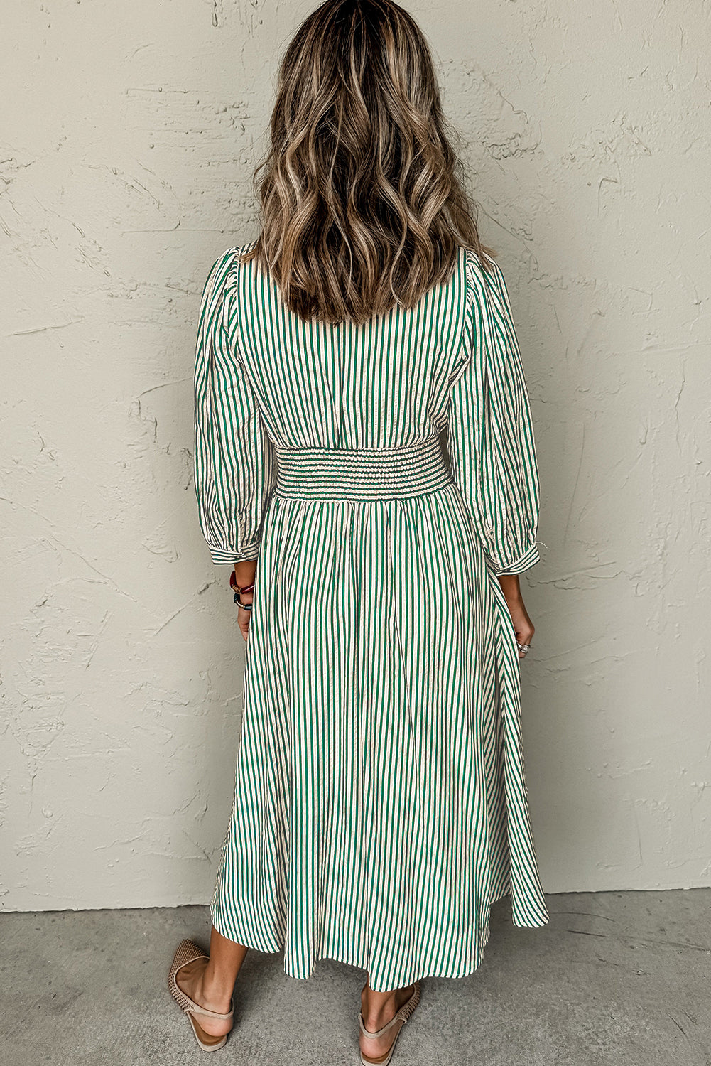 Green Stripe V Neck Zip Front Cinched High Waist Midi Dress-TOPS / DRESSES-[Adult]-[Female]-2022 Online Blue Zone Planet