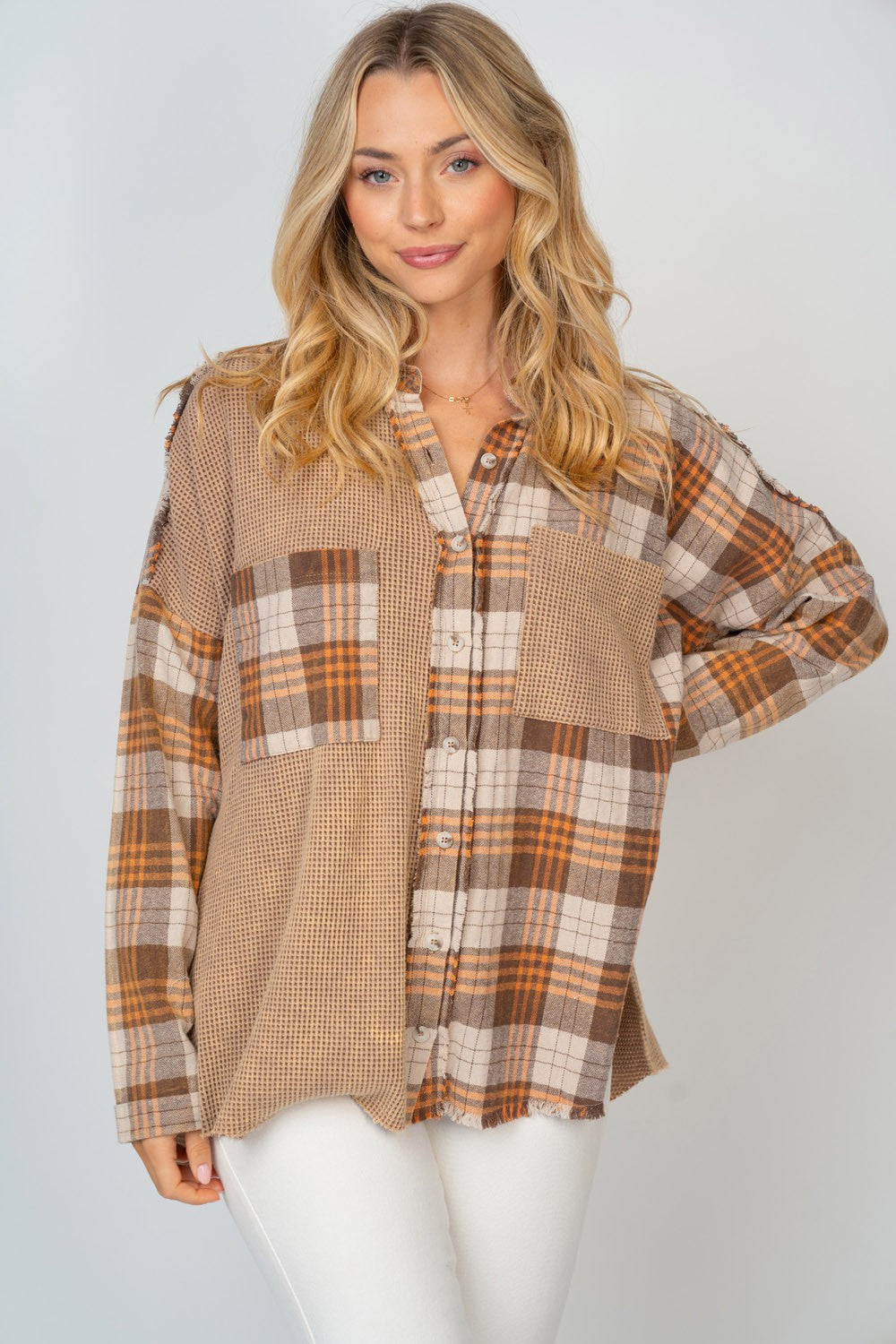 White Birch Full Size Contrast Plaid Button Down Shirt-TOPS / DRESSES-[Adult]-[Female]-2022 Online Blue Zone Planet