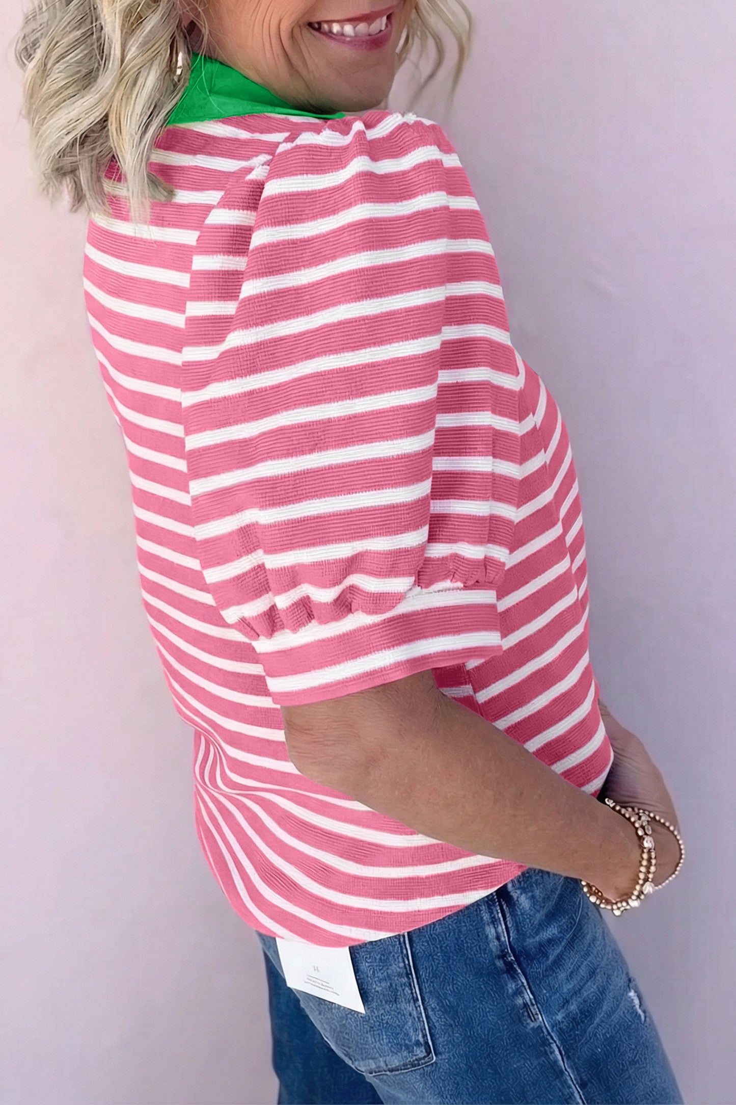 Pink Stripe Short Puff Sleeve Color Block Polo Collar Blouse-Tops/Blouses & Shirts-[Adult]-[Female]-2022 Online Blue Zone Planet