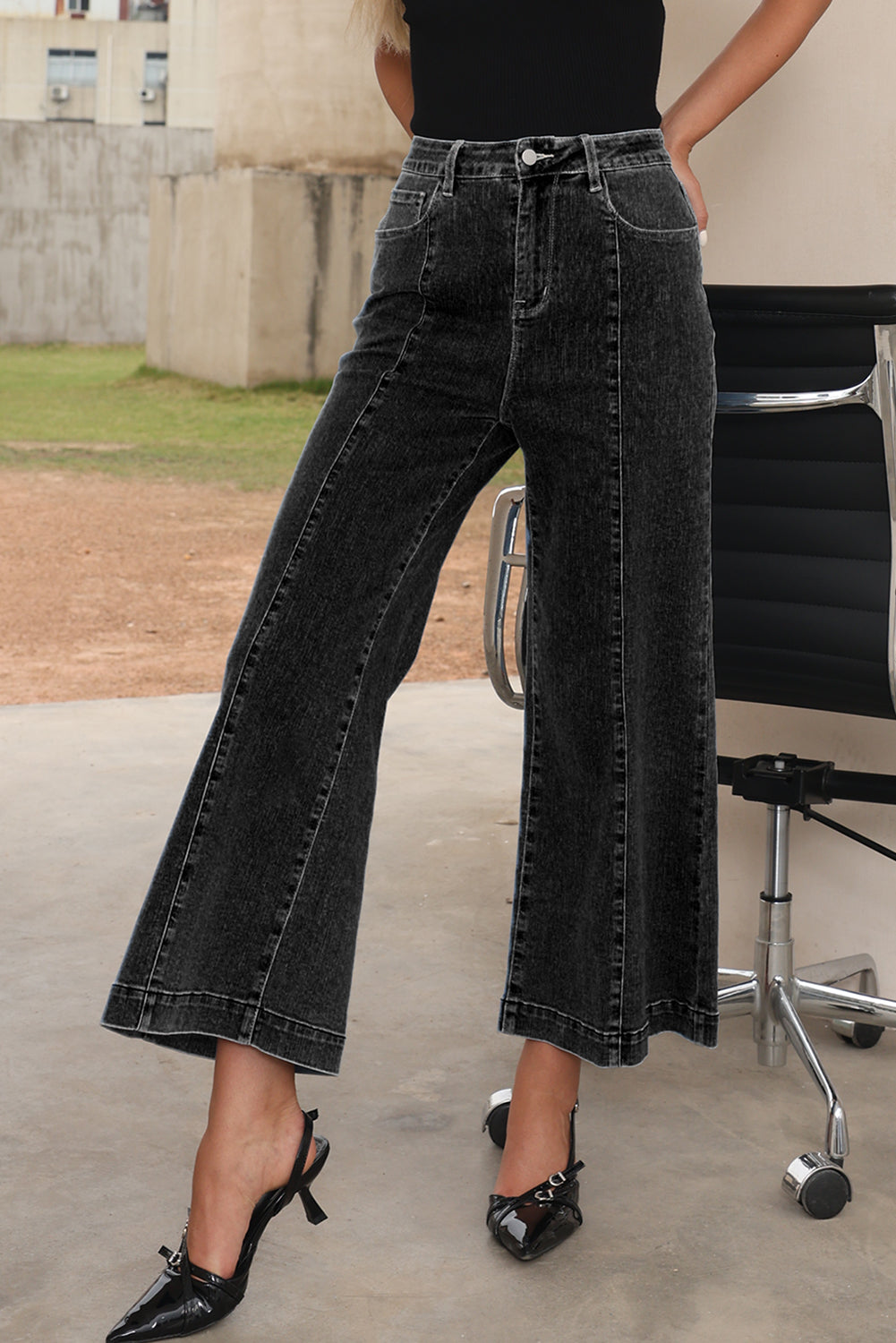 Black Plain Seam Detail Flared Bottom Ankle Length Jeans-Bottoms/Jeans-[Adult]-[Female]-2022 Online Blue Zone Planet