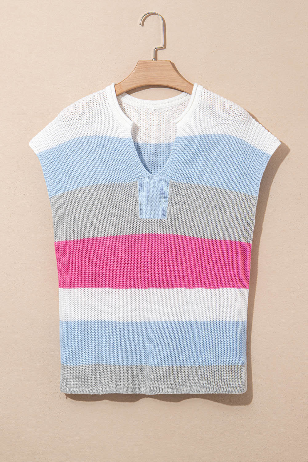 Light Blue Color Block Notch V Neck Sweater T Shirt-Sweaters & Cardigans/Short Sleeve Sweaters-[Adult]-[Female]-2022 Online Blue Zone Planet