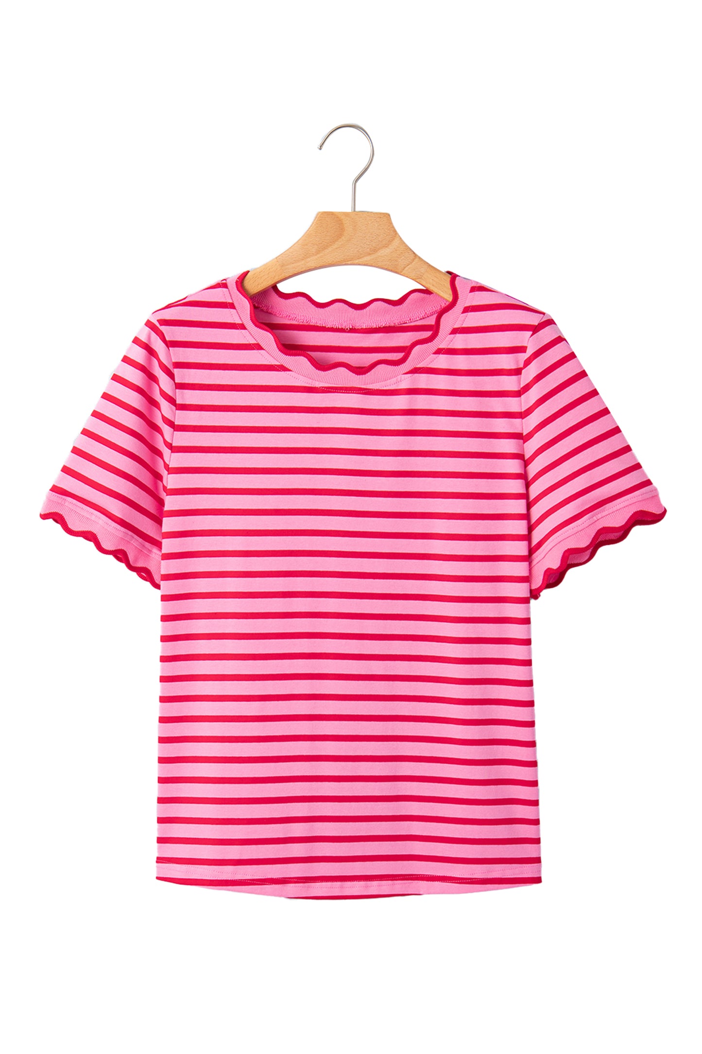Pink Stripe Scalloped Trim Round Neck T Shirt-Tops/Tops & Tees-[Adult]-[Female]-2022 Online Blue Zone Planet