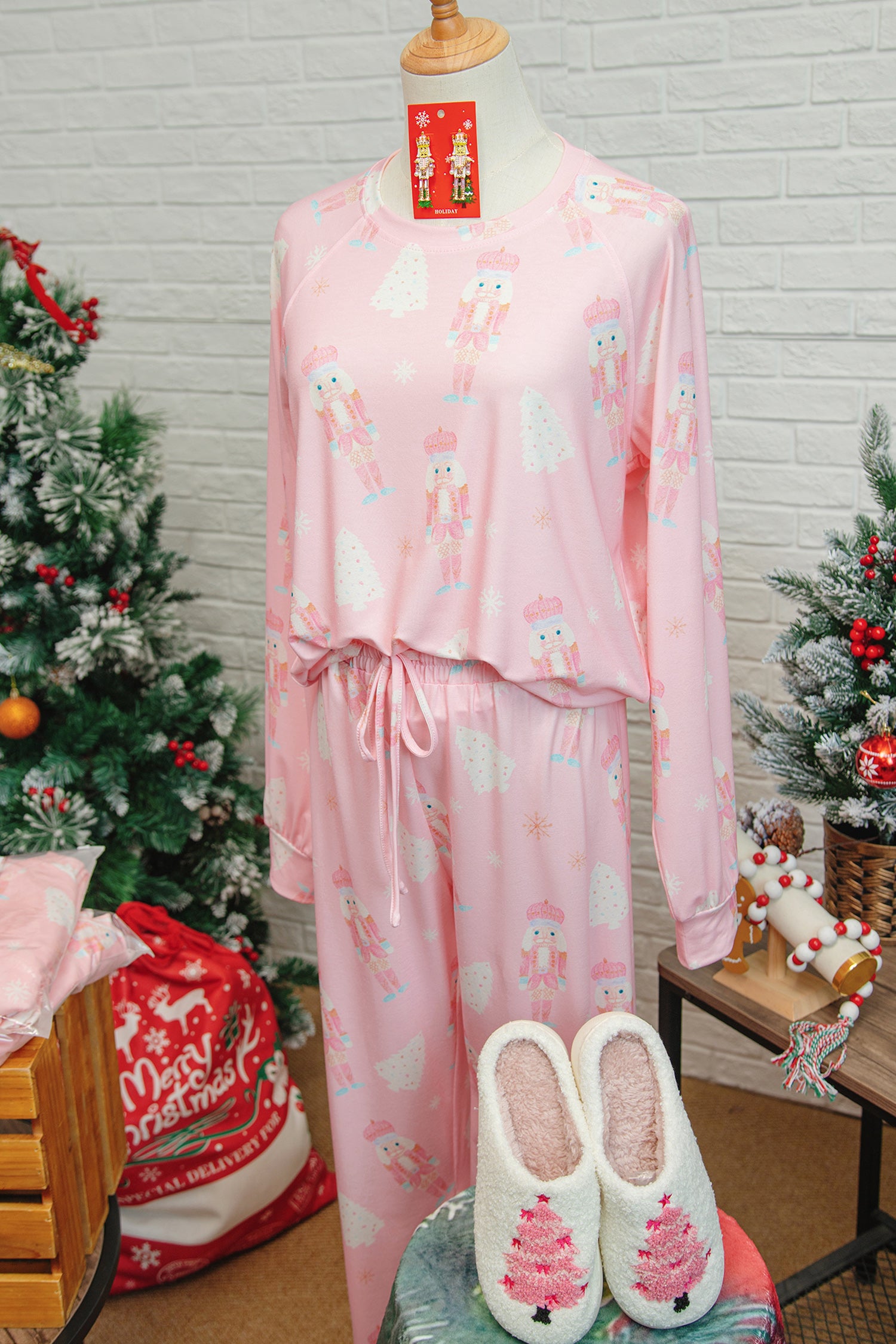 Pink Christmas Tree Nutcracker Print 2pcs Lounge Pant Set-Loungewear & Sleepwear/Loungewear-[Adult]-[Female]-2022 Online Blue Zone Planet