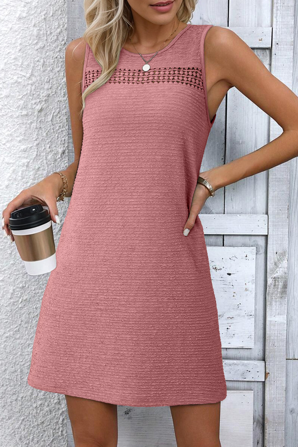 Beau Blue Solid Color Textured Lace Hollowed Detail Sleeveless Mini Dress