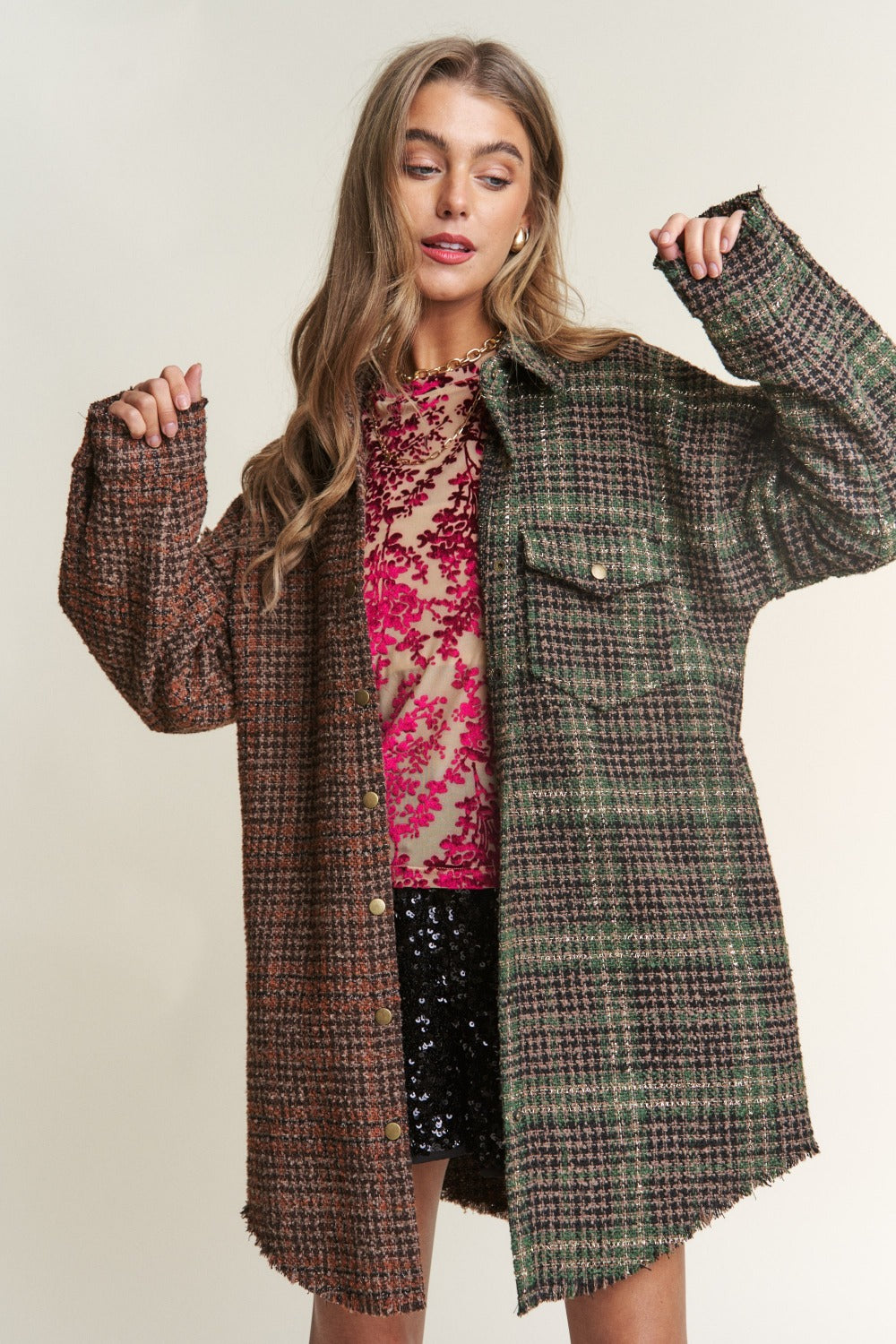 Blue Zone Planet | J.NNA Snap Down Tweed Plaid Contrast Longline Shacket-TOPS / DRESSES-[Adult]-[Female]-Misty Forest-S-2022 Online Blue Zone Planet