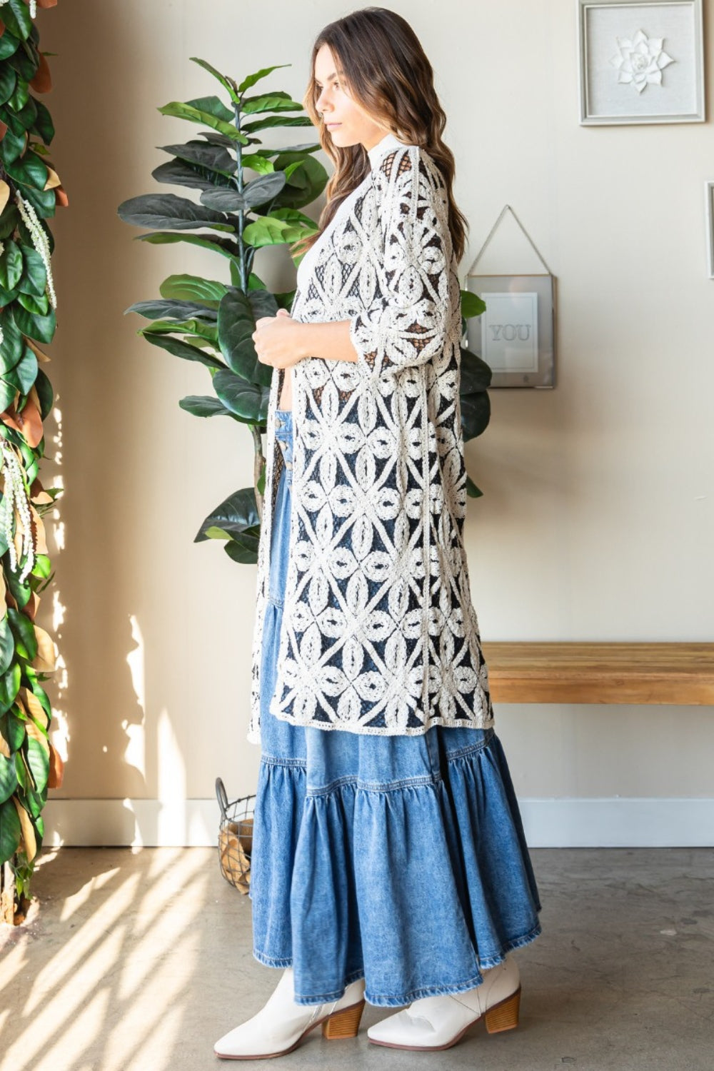 Blue Zone Planet | Veveret Geometric Open Front Three-Quarter Sleeve Cardigan-TOPS / DRESSES-[Adult]-[Female]-NATURAL-One Size-2022 Online Blue Zone Planet