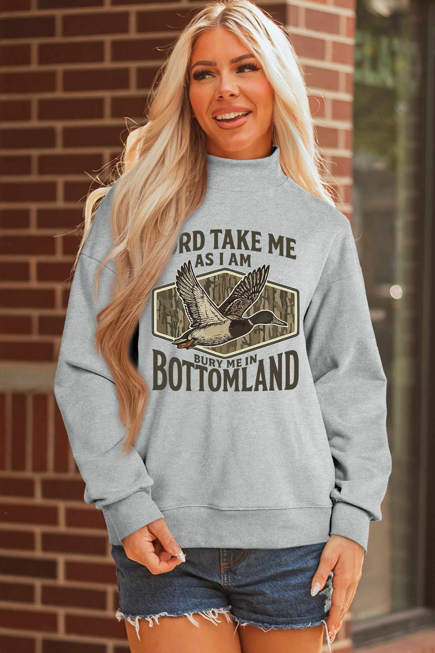 Gray Exposed Seam Mock Neck Western Print Duck Sweatshirt-Graphic/Graphic Sweatshirts-[Adult]-[Female]-2022 Online Blue Zone Planet
