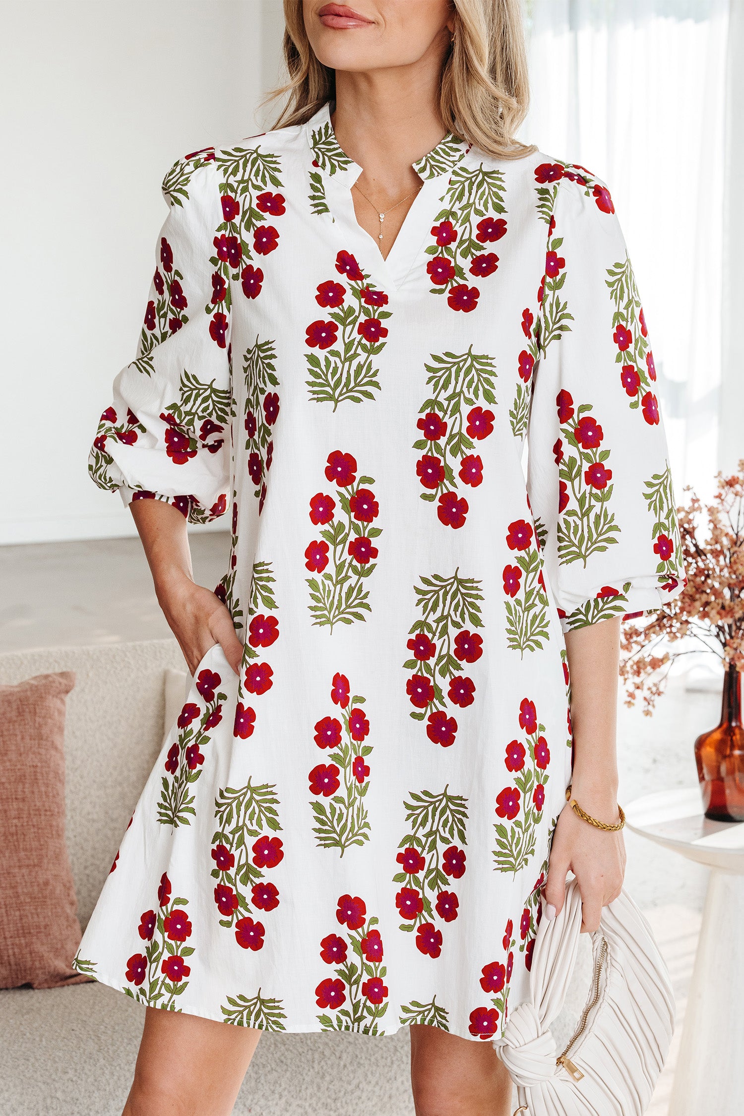White Floral Print V Neck 3/4 Sleeve Loose Mini Dress-TOPS / DRESSES-[Adult]-[Female]-2022 Online Blue Zone Planet