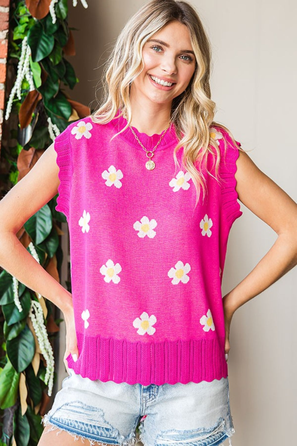 First Love Full Size Flower Pattern Round Neck Sweater Vest-TOPS / DRESSES-[Adult]-[Female]-Fuchsia-S-2022 Online Blue Zone Planet