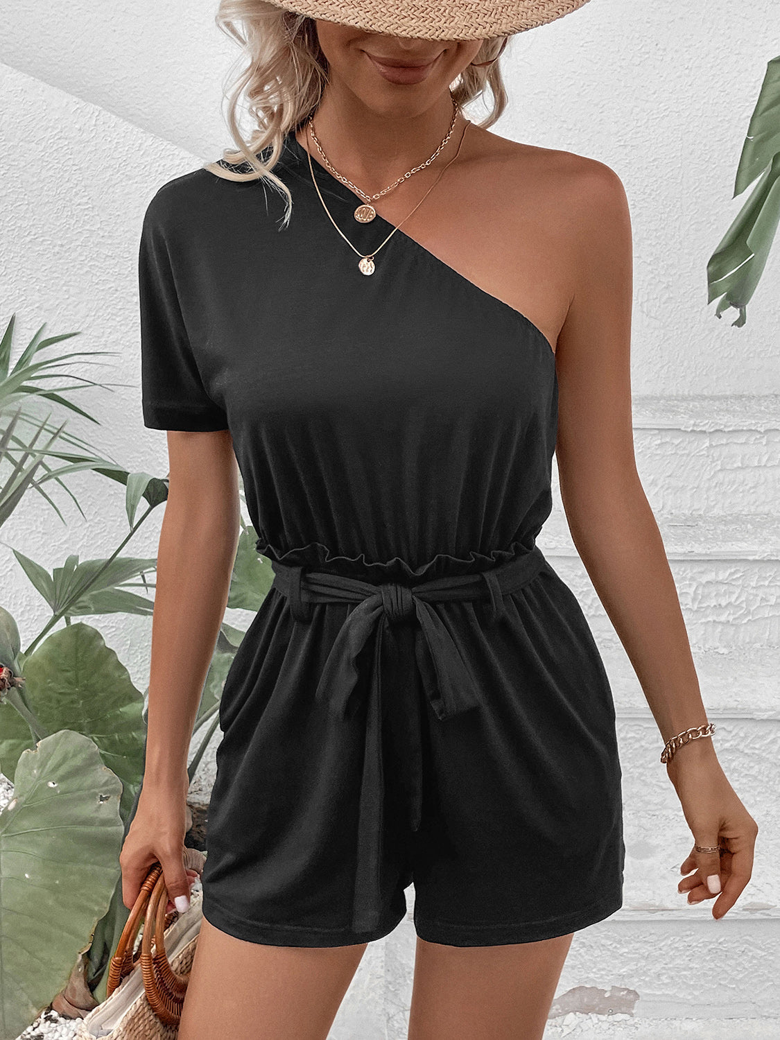 Perfee Single Shoulder Tie Waist Romper-TOPS / DRESSES-[Adult]-[Female]-2022 Online Blue Zone Planet