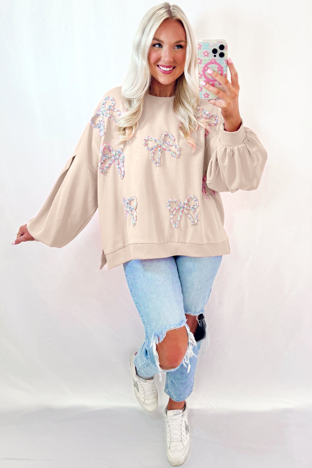 Light Pink Embroidered Bow Lantern Sleeve Oversized Pullover Sweatshirt-Tops/Sweatshirts & Hoodies-[Adult]-[Female]-2022 Online Blue Zone Planet