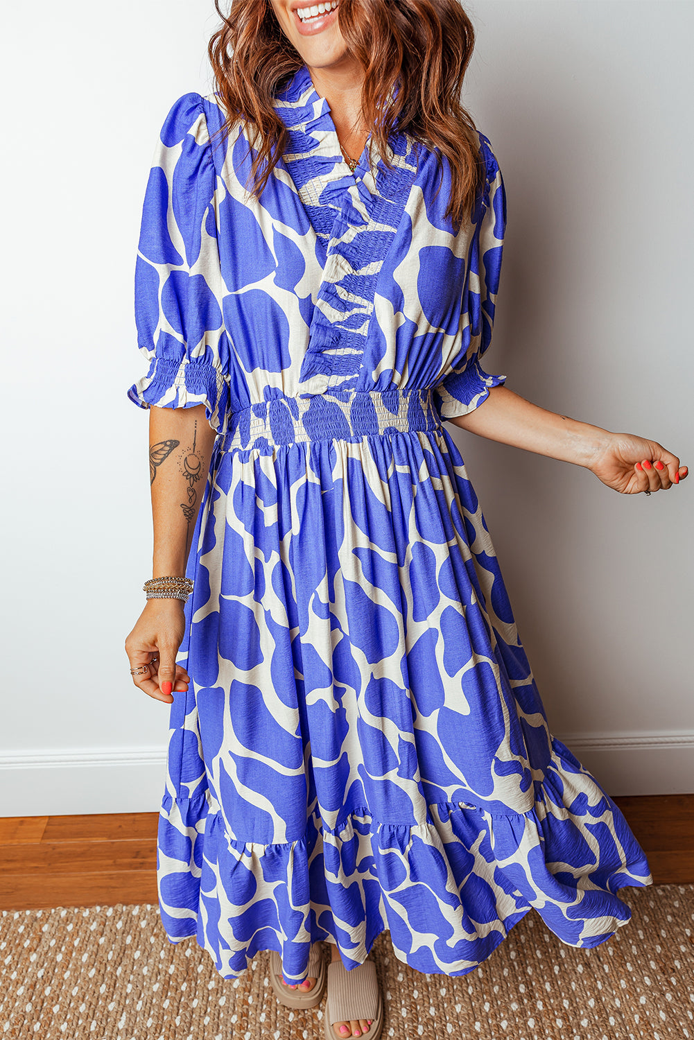 Sky Blue Abstract Print Smocked Waist Puff Half Sleeve Maxi Dress-TOPS / DRESSES-[Adult]-[Female]-2022 Online Blue Zone Planet
