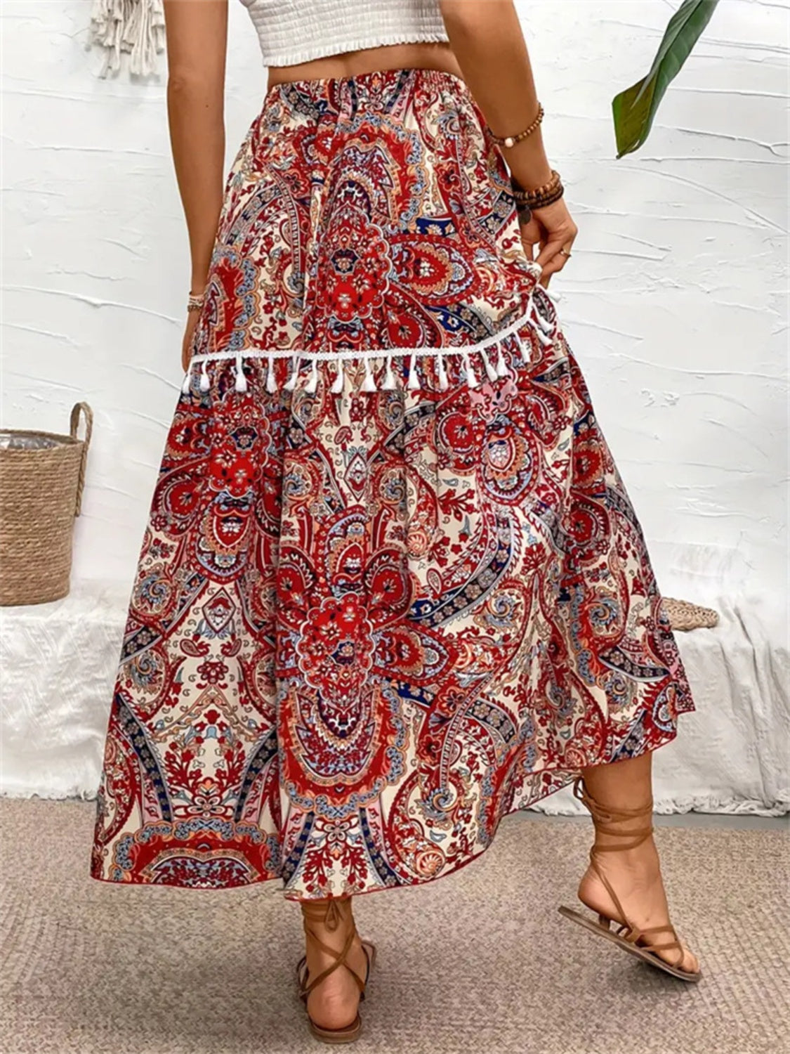 Printed Elastic Waist Midi Skirt-[Adult]-[Female]-2022 Online Blue Zone Planet