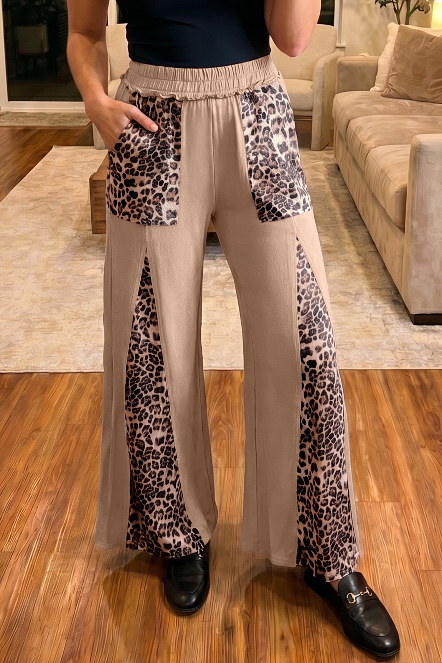 Straw Yellow Mineral Wash Leopard Patchwork Wide Leg Pants-Bottoms/Pants & Culotte-[Adult]-[Female]-2022 Online Blue Zone Planet