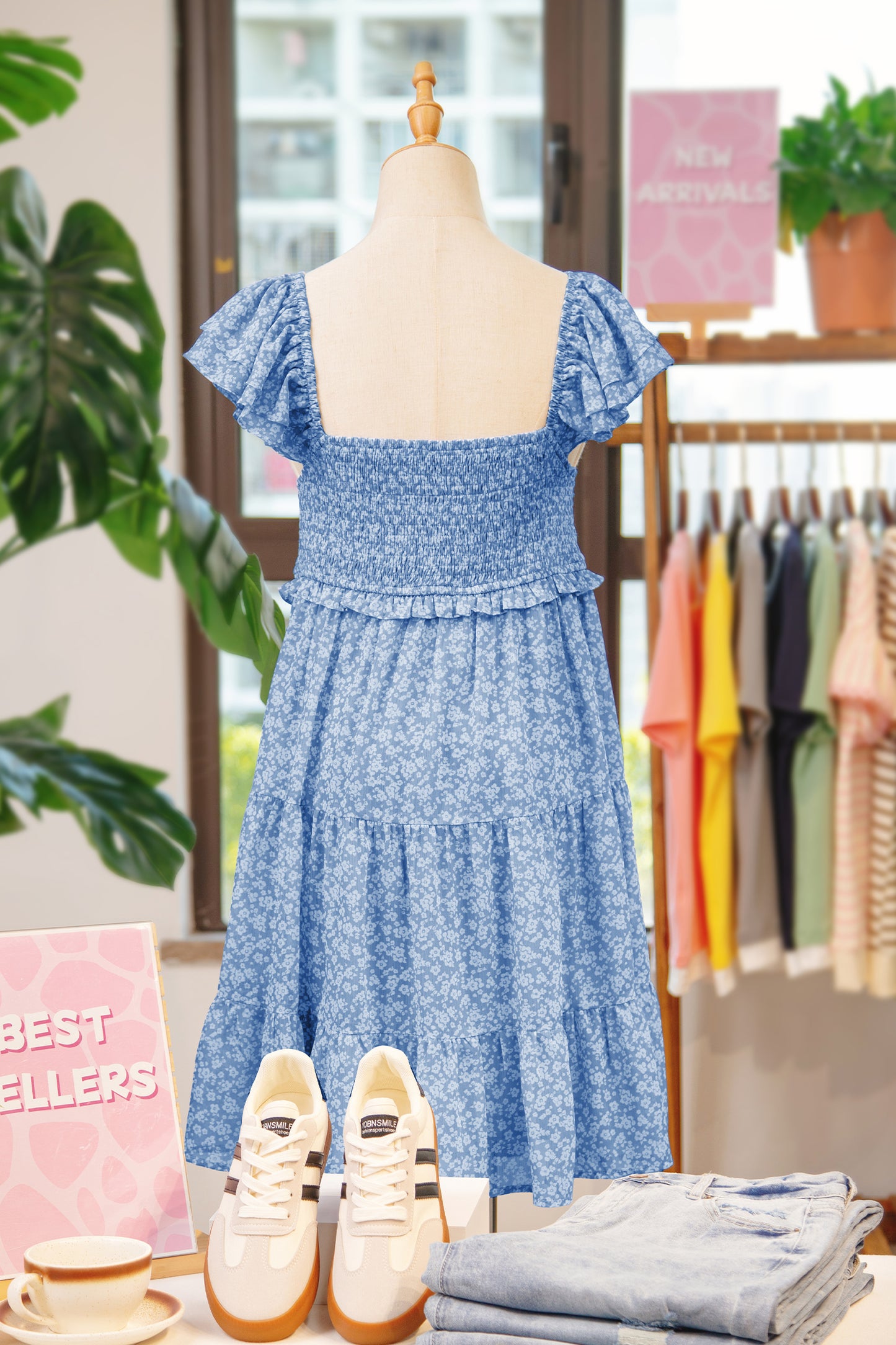 Sky Blue Floral Print Square Neck Flutter Sleeve Smocked Tiered Mini Dress-TOPS / DRESSES-[Adult]-[Female]-2022 Online Blue Zone Planet