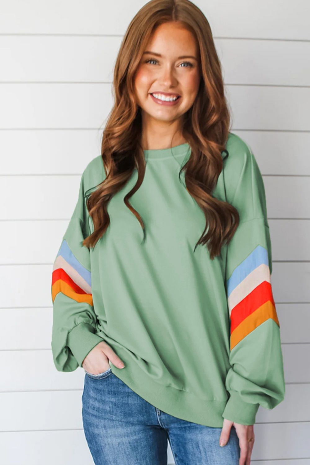 Contrast Round Neck Long Sleeve Sweatshirt-TOPS / DRESSES-[Adult]-[Female]-2022 Online Blue Zone Planet