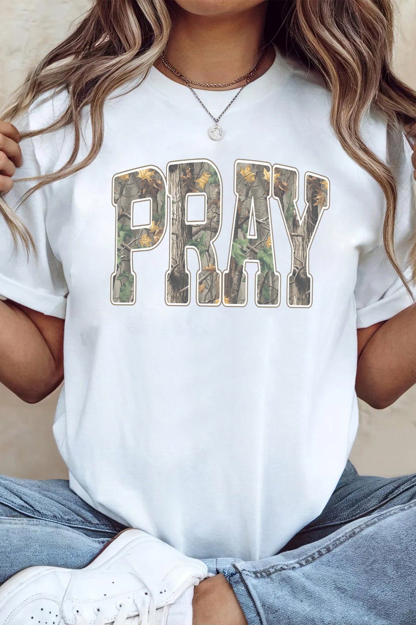 White PRAY Camo Letter Print Casual Round Neck T Shirt-Graphic/Graphic Tees-[Adult]-[Female]-2022 Online Blue Zone Planet