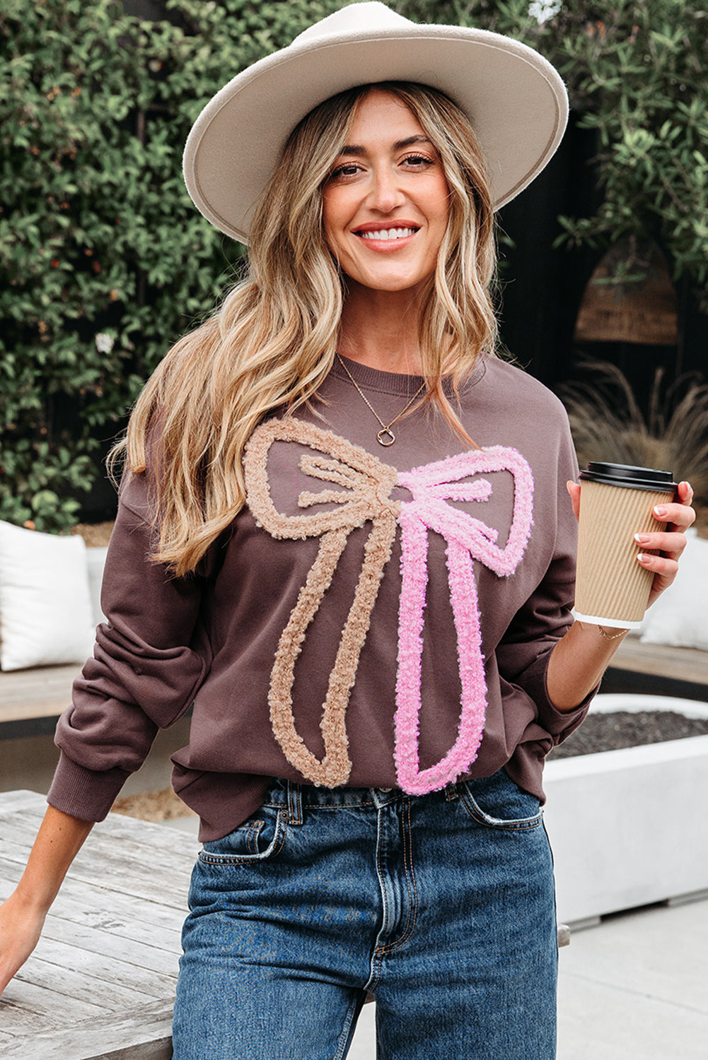 Dark Khaki Contrast Terry Bow Pattern Drop Shoulder Sweatshirt-Tops/Sweatshirts & Hoodies-[Adult]-[Female]-2022 Online Blue Zone Planet