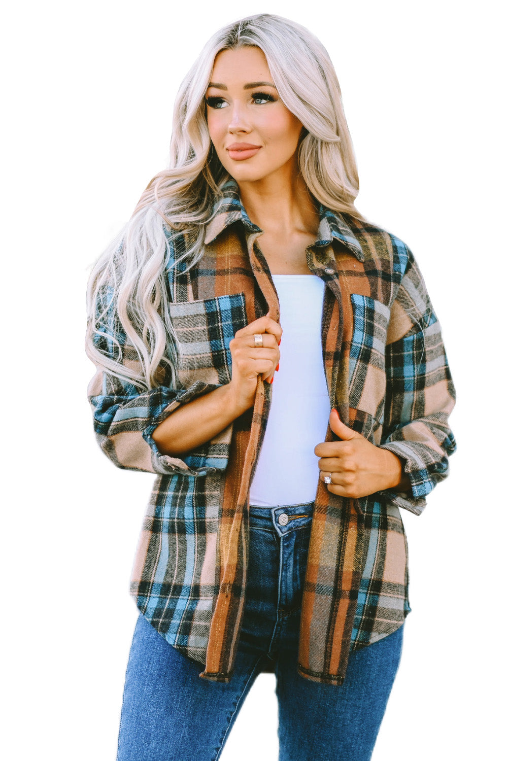 Brown Plaid Color Block Buttoned Shirt with Pockets-Tops/Blouses & Shirts-[Adult]-[Female]-2022 Online Blue Zone Planet