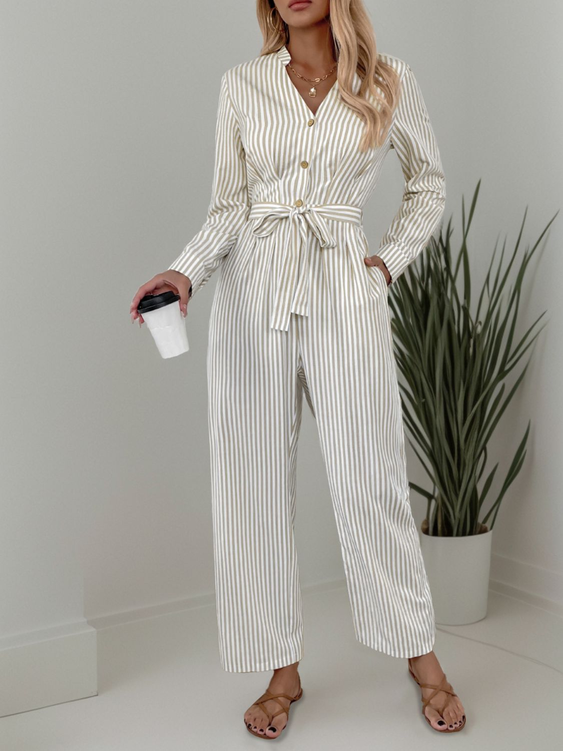 Striped Notched Long Sleeve Tie Waist Jumpsuit-TOPS / DRESSES-[Adult]-[Female]-2022 Online Blue Zone Planet