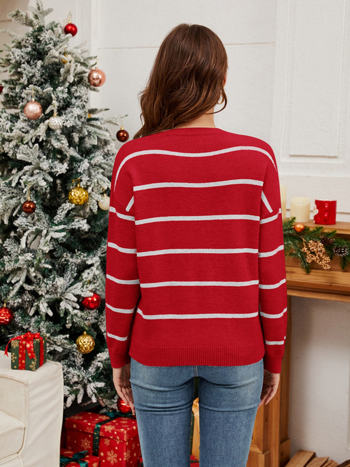 Blue Zone Planet | Sequin Santa Striped Round Neck Long Sleeve Sweater-TOPS / DRESSES-[Adult]-[Female]-2022 Online Blue Zone Planet