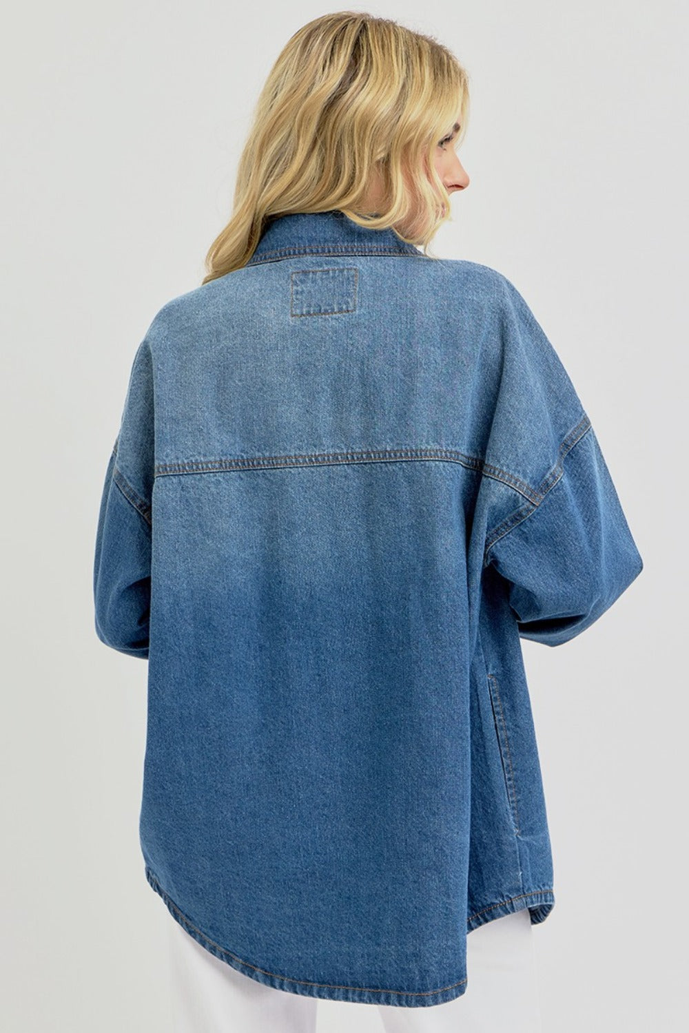 RISEN Full Size Snap Down Long Sleeve Denim Shacket-TOPS / DRESSES-[Adult]-[Female]-2022 Online Blue Zone Planet