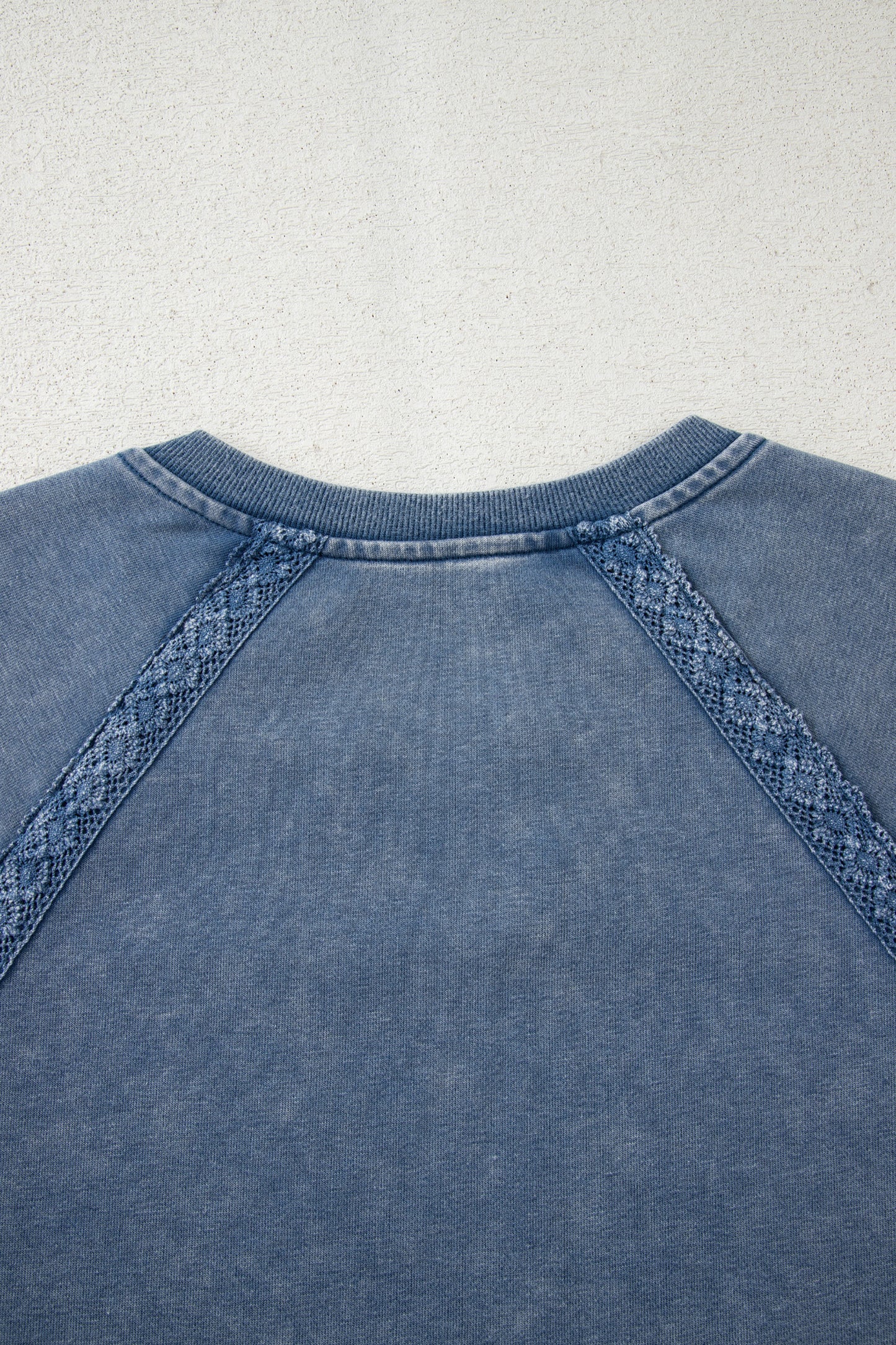 Sail Blue Lace Patchwork Detail Notched Neck Mineral Wash Baggy Sweatshirt-Tops/Sweatshirts & Hoodies-[Adult]-[Female]-2022 Online Blue Zone Planet