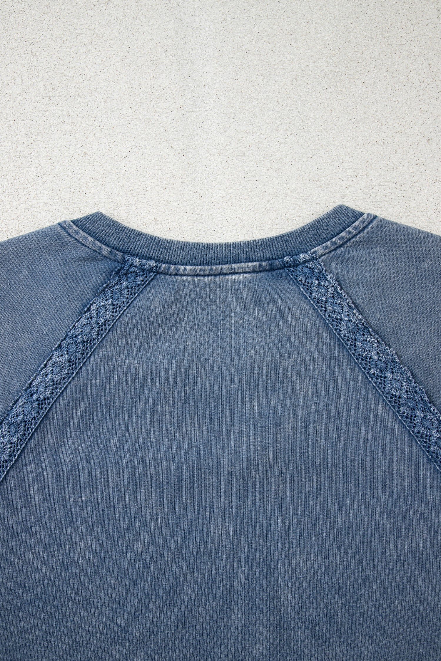 Sail Blue Lace Patchwork Detail Notched Neck Mineral Wash Baggy Sweatshirt-Tops/Sweatshirts & Hoodies-[Adult]-[Female]-2022 Online Blue Zone Planet