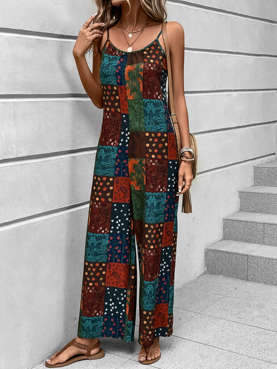 Printed Scoop Neck Spaghetti Strap Jumpsuit-[Adult]-[Female]-2022 Online Blue Zone Planet