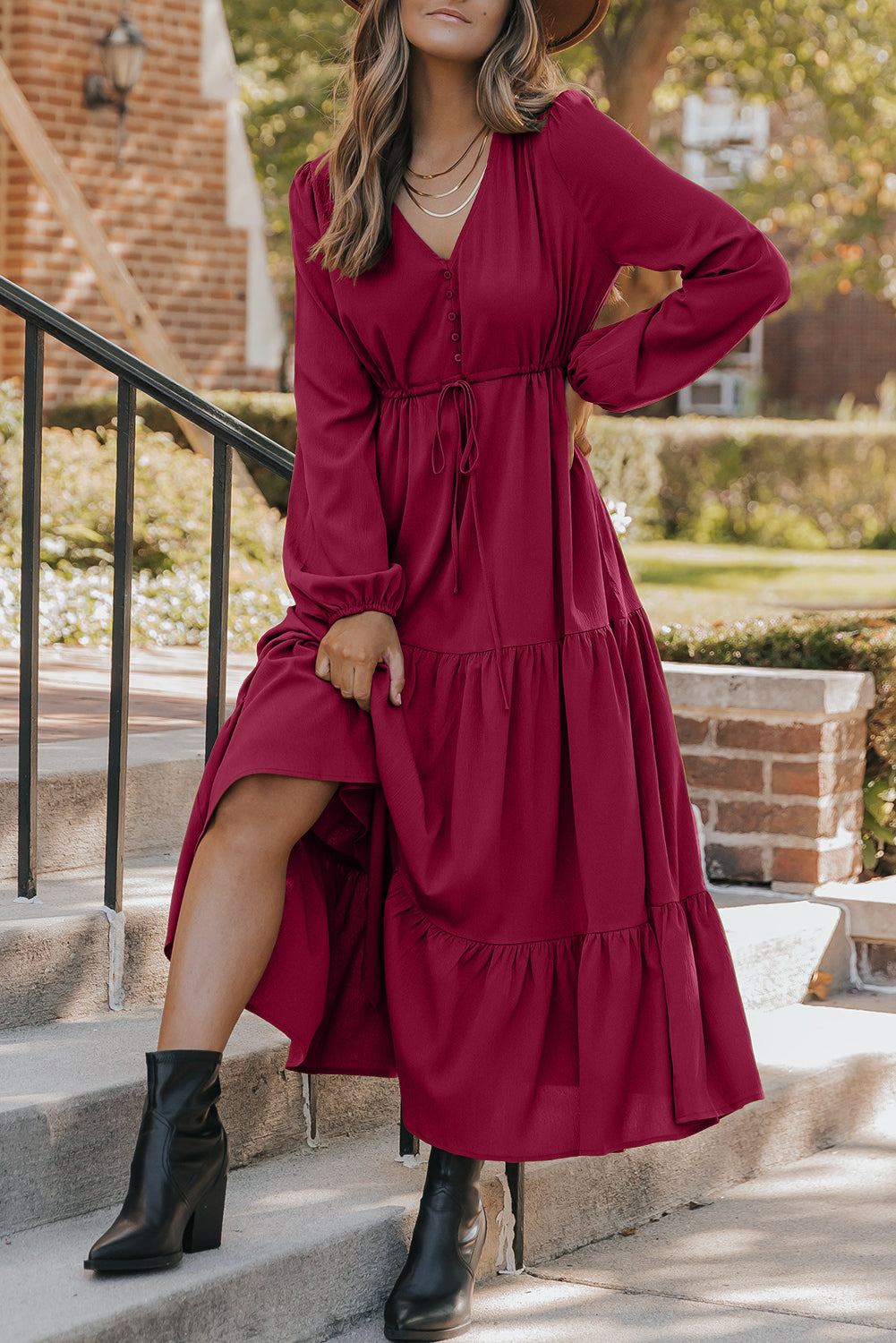 Burgundy Solid Long Sleeve Button V Neck Tiered Maxi Dress-TOPS / DRESSES-[Adult]-[Female]-Burgundy-S-2022 Online Blue Zone Planet