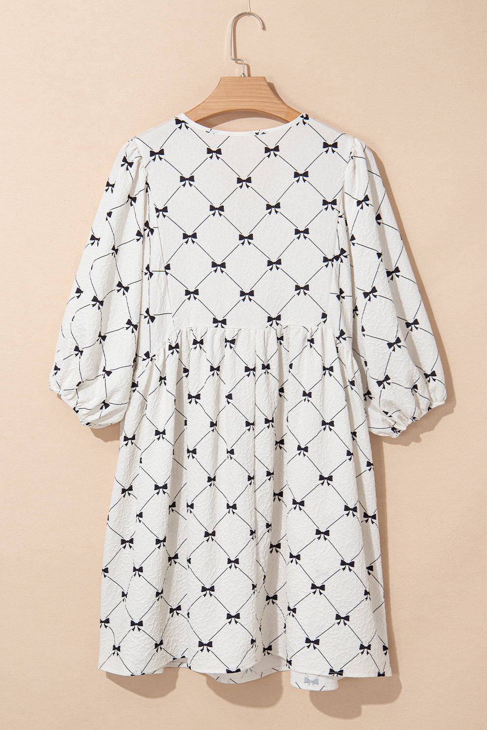 White Bowtie Pattern Textured Puff Half Sleeve Loose Mini Dress-TOPS / DRESSES-[Adult]-[Female]-2022 Online Blue Zone Planet