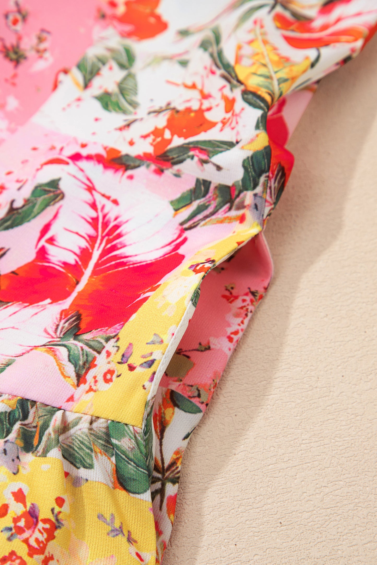 Pink Color Block Floral Print Contrast Trim V Neck Ruffle Hem Mini Dress-TOPS / DRESSES-[Adult]-[Female]-2022 Online Blue Zone Planet