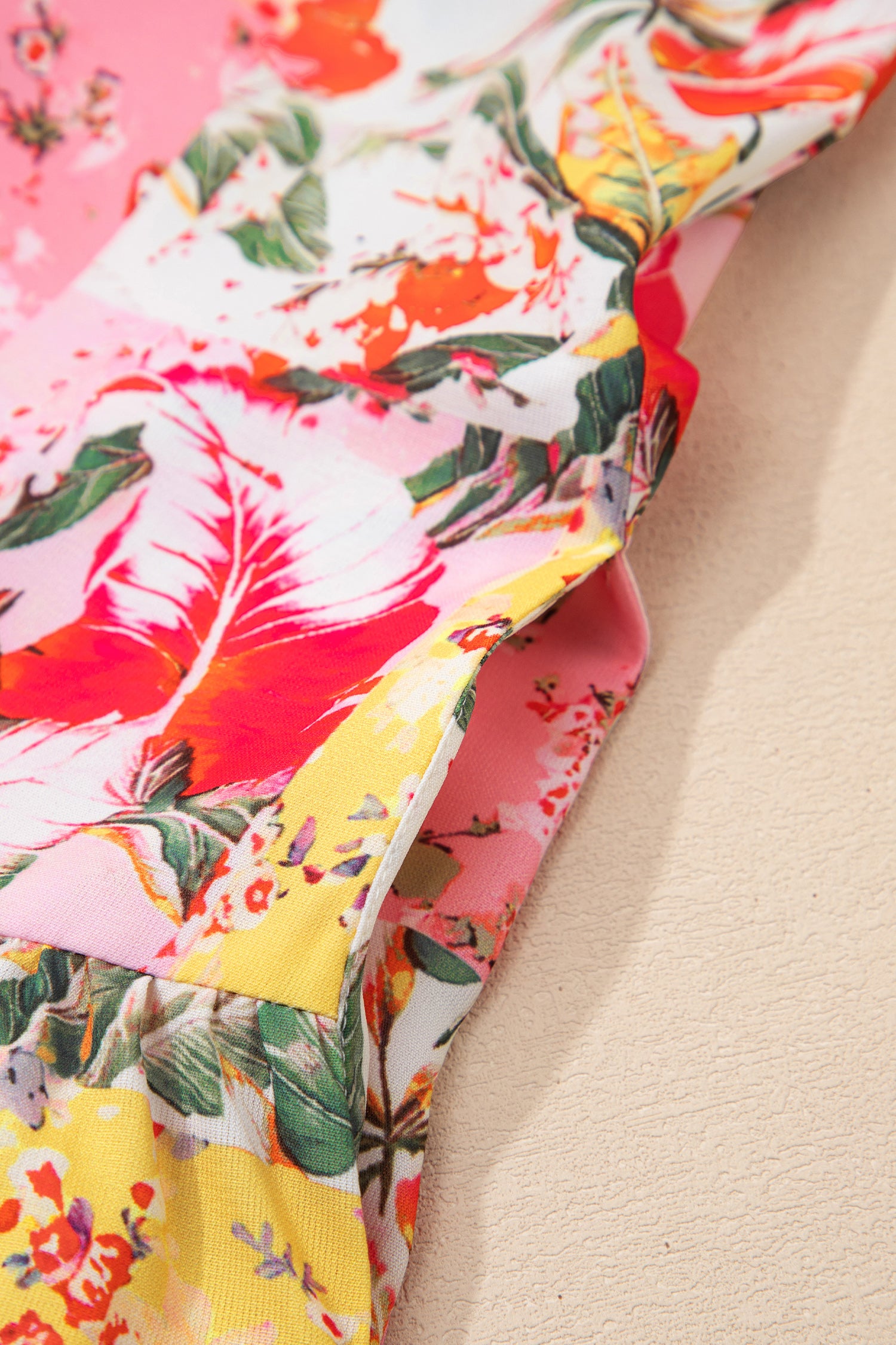 Pink Color Block Floral Print Contrast Trim V Neck Ruffle Hem Mini Dress-TOPS / DRESSES-[Adult]-[Female]-2022 Online Blue Zone Planet
